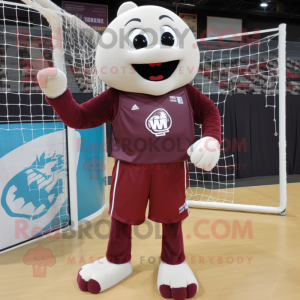Maroon Volleyball Net mascot costume character dressed with a Playsuit and Shoe clips