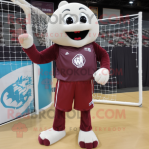 Maroon Volleyball Net mascot costume character dressed with a Playsuit and Shoe clips