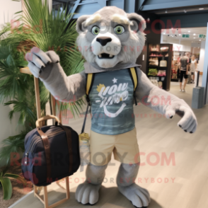 Gray Smilodon mascot costume character dressed with a Board Shorts and Tote bags