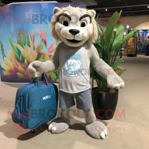 Gray Smilodon mascot costume character dressed with a Board Shorts and Tote bags