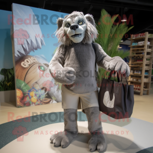 Gray Smilodon mascot costume character dressed with a Board Shorts and Tote bags