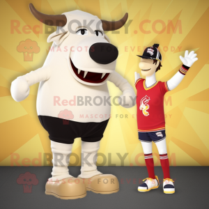 Cream Bull mascot costume character dressed with a One-Piece Swimsuit and Beanies