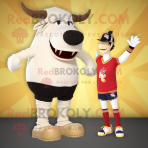 Cream Bull mascot costume character dressed with a One-Piece Swimsuit and Beanies