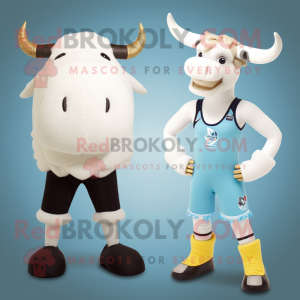 Cream Bull mascot costume character dressed with a One-Piece Swimsuit and Beanies