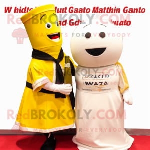 White Bottle Of Mustard mascot costume character dressed with a Wedding Dress and Scarves