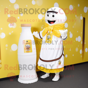 White Bottle Of Mustard mascot costume character dressed with a Wedding Dress and Scarves