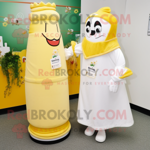 White Bottle Of Mustard mascot costume character dressed with a Wedding Dress and Scarves