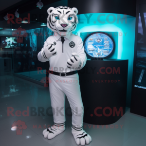 White Tiger mascot costume character dressed with a Turtleneck and Digital watches