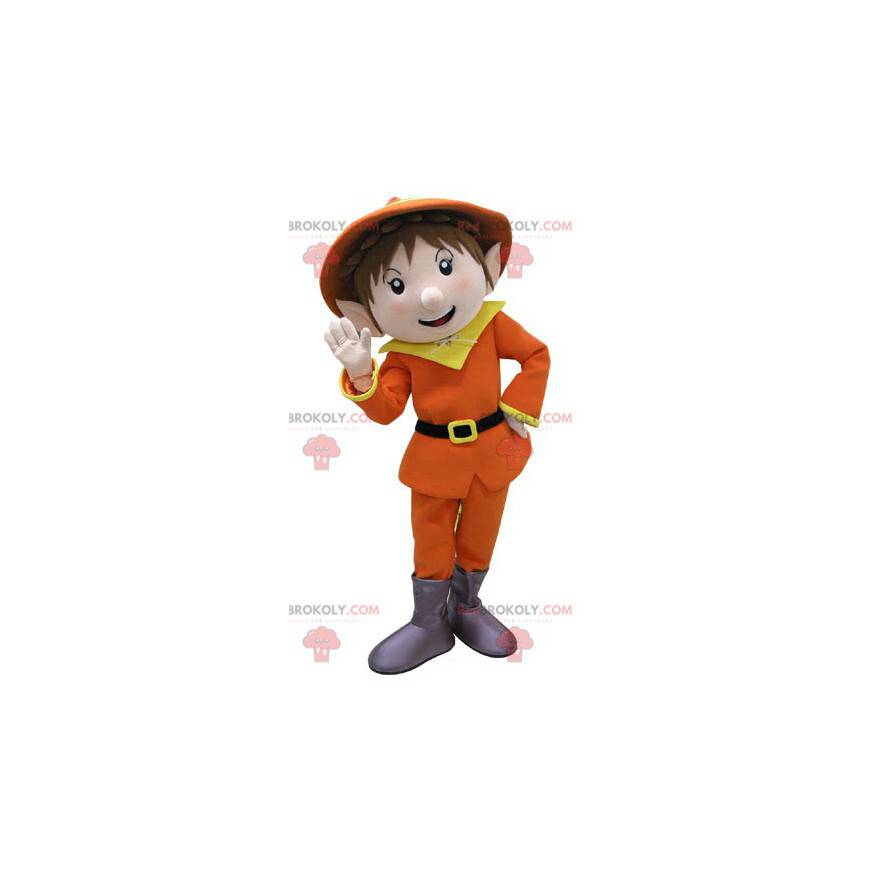 Mascotte Leprechaun vestita di arancione e giallo -