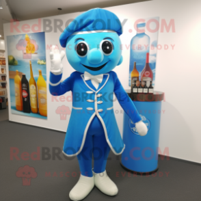 Blue Champagne mascot costume character dressed with a Waistcoat and Scarf clips