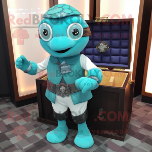 Teal Treasure Chest mascot costume character dressed with a Turtleneck and Pocket squares