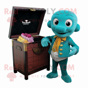 Teal Treasure Chest mascot costume character dressed with a Turtleneck and Pocket squares