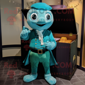 Teal Treasure Chest mascot costume character dressed with a Turtleneck and Pocket squares