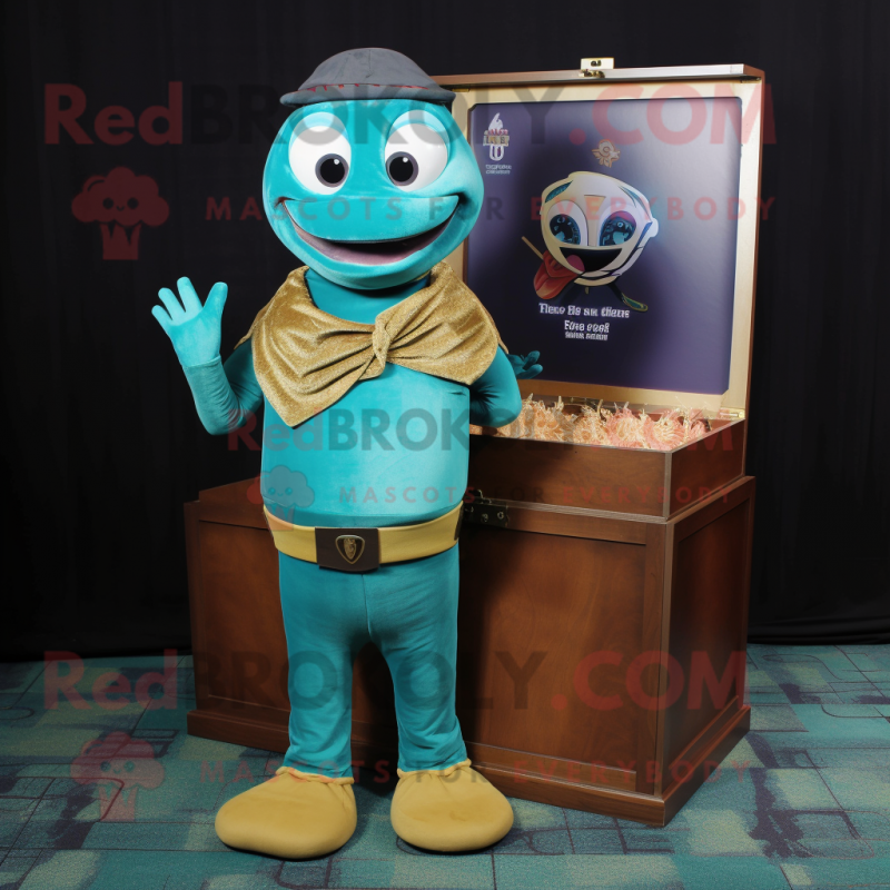 Teal Treasure Chest mascot costume character dressed with a Turtleneck and Pocket squares