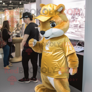 Gold Squirrel mascot costume character dressed with a T-Shirt and Brooches