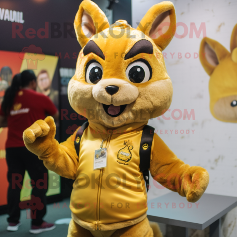 Gold Squirrel mascot costume character dressed with a T-Shirt and Brooches