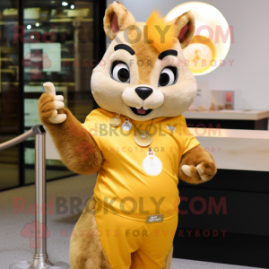 Gold Squirrel mascot costume character dressed with a T-Shirt and Brooches