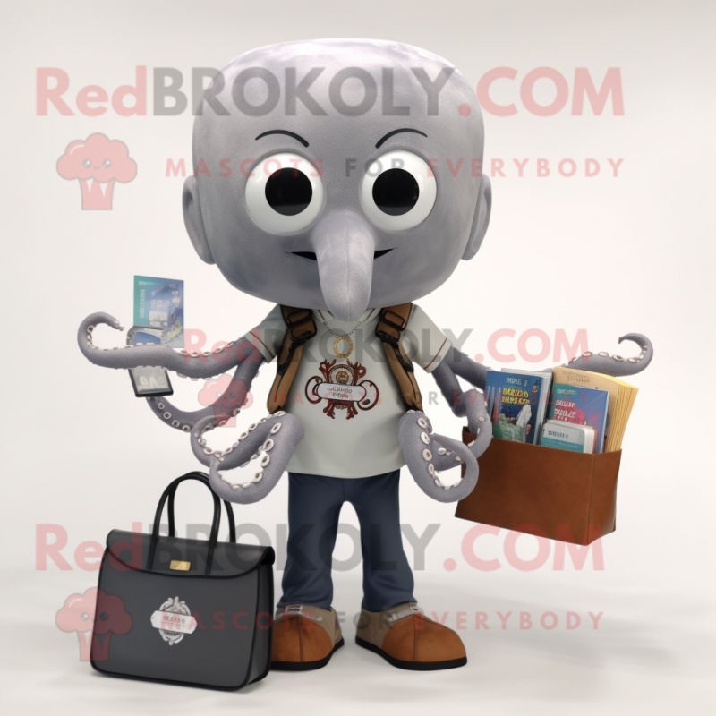 Gray Octopus mascot costume character dressed with a Polo Shirt and Wallets Gray Octopus mascot costume character dressed with a Polo Shirt and Wallets