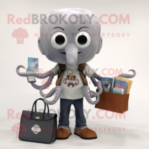 Gray Octopus mascot costume character dressed with a Polo Shirt and Wallets