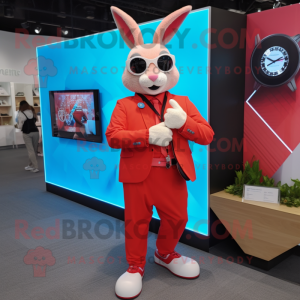 Red Wild Rabbit mascot costume character dressed with a Suit Jacket and Smartwatches