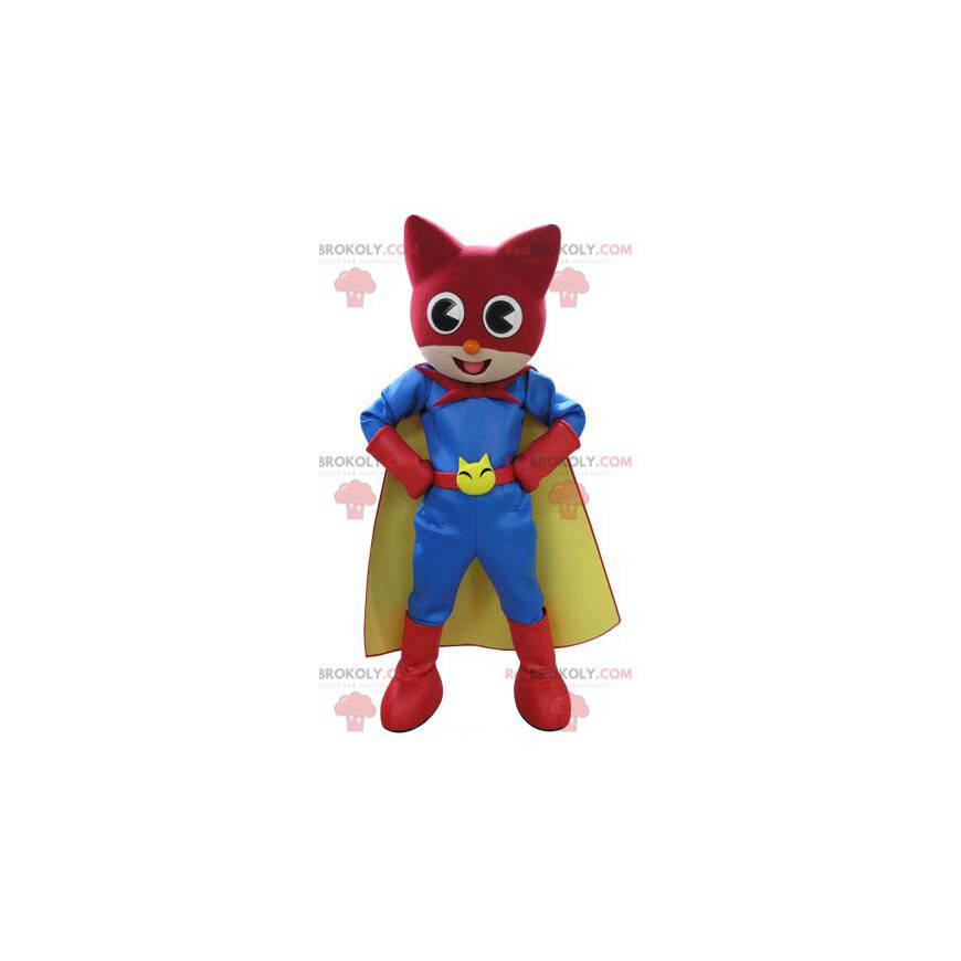 Gato mascote com roupa colorida de super-herói - Redbrokoly.com