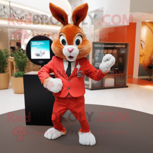 Red Wild Rabbit mascot costume character dressed with a Suit Jacket and Smartwatches