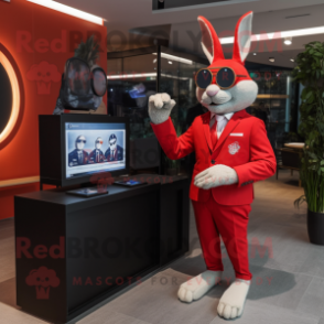 Red Wild Rabbit mascot costume character dressed with a Suit Jacket and Smartwatches