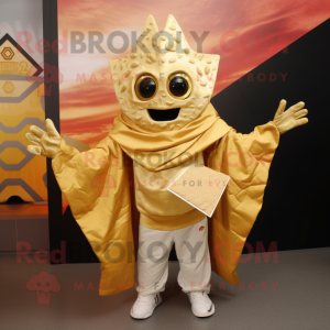 Gold Nachos mascot costume character dressed with a Cover-up and Mittens