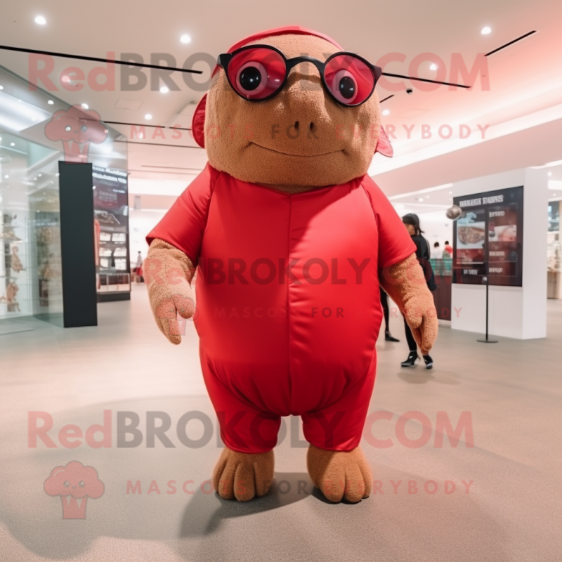 Red Glyptodon mascot costume character dressed with a Romper and Eyeglasses Red Glyptodon mascot costume character dressed with a Romper and Eyeglasses
