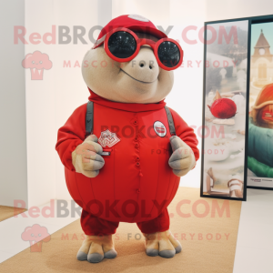 Red Glyptodon mascot costume character dressed with a Romper and Eyeglasses