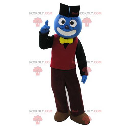 Blaues Schneemannmaskottchen im bunten Outfit - Redbrokoly.com