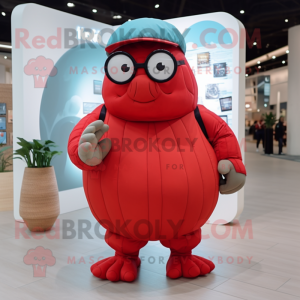 Red Glyptodon mascot costume character dressed with a Romper and Eyeglasses