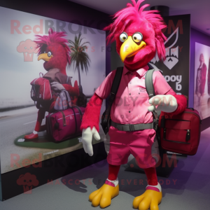 Magenta Roosters mascot costume character dressed with a Oxford Shirt and Backpacks