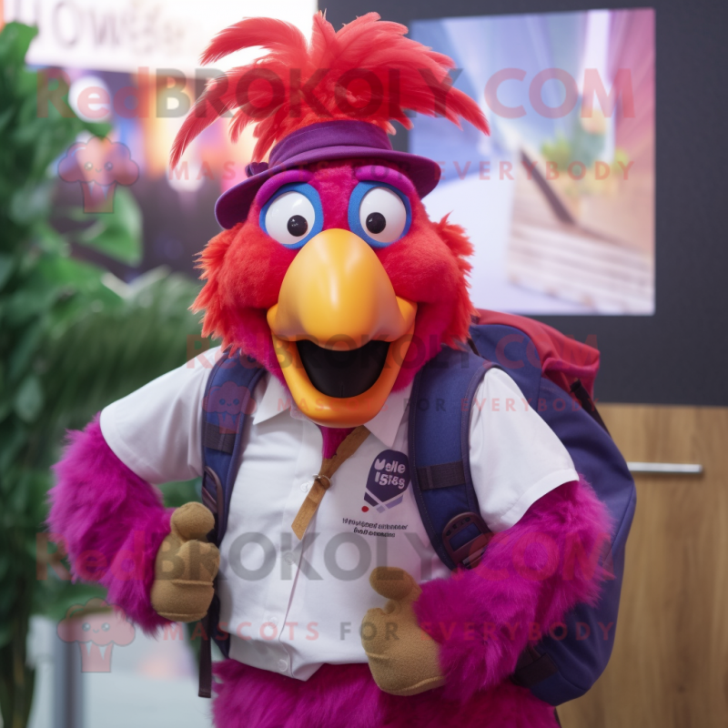 Magenta Roosters mascot costume character dressed with a Oxford Shirt and Backpacks Magenta Roosters mascot costume character dressed with a Oxford Shirt and Backpacks