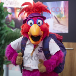 Magenta Roosters mascot costume character dressed with a Oxford Shirt and Backpacks