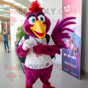 Magenta Roosters mascot costume character dressed with a Oxford Shirt and Backpacks