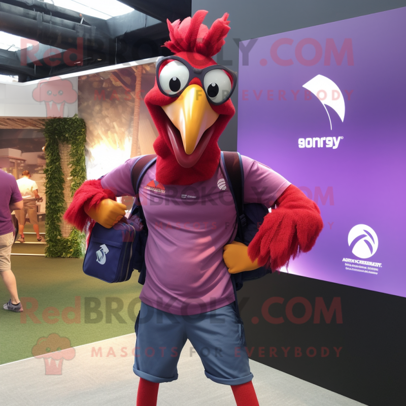 Magenta Roosters mascot costume character dressed with a Oxford Shirt and Backpacks