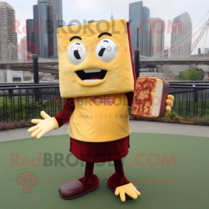 Maroon Grilled Cheese Sandwich mascot costume character dressed with a Pencil Skirt and Clutch bags