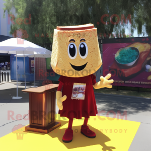 Maroon Grilled Cheese Sandwich mascot costume character dressed with a Pencil Skirt and Clutch bags