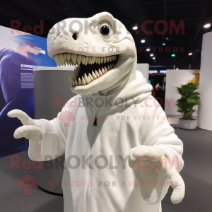 White Tyrannosaurus mascot costume character dressed with a Sweatshirt and Shawl pins