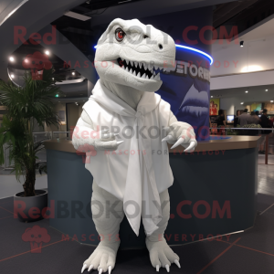 White Tyrannosaurus mascot costume character dressed with a Sweatshirt and Shawl pins