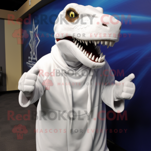 White Tyrannosaurus mascot costume character dressed with a Sweatshirt and Shawl pins