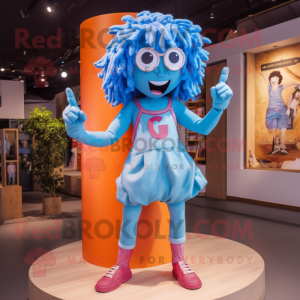 Sky Blue Medusa mascot costume character dressed with a Denim Shorts and Bracelets