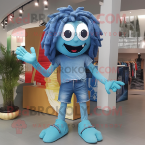 Sky Blue Medusa mascot costume character dressed with a Denim Shorts and Bracelets