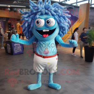 Sky Blue Medusa mascot costume character dressed with a Denim Shorts and Bracelets