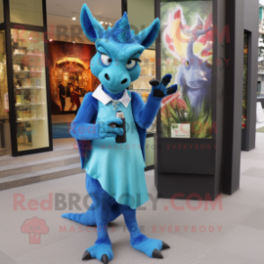 Blue Chupacabra mascot costume character dressed with a Cocktail Dress and Wallets