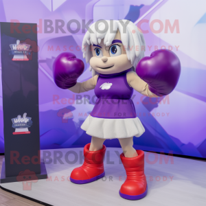 Purple Boxing Glove mascot costume character dressed with a Mini Skirt and Brooches