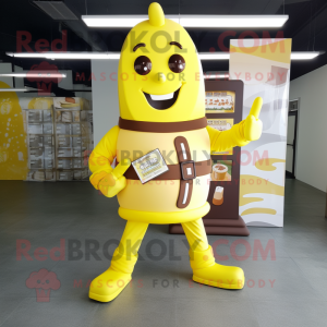 Lemon Yellow Chocolate Bar mascot costume character dressed with a Jumpsuit and Shoe clips