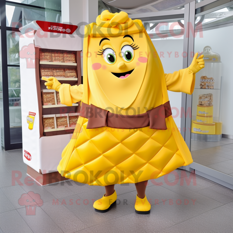Yellow Chocolate Bar mascot costume character dressed with a Skirt and Wraps Yellow Chocolate Bar mascot costume character dressed with a Skirt and Wraps