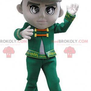 Homem mascote vestido com um traje verde vintage -